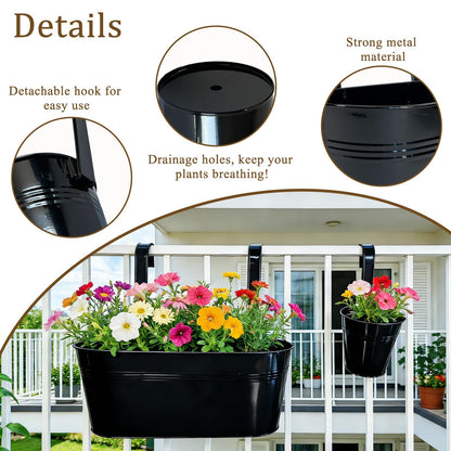Joyfernal Set of 4 Outdoor Metal Railing Planters Box - 2 Pcs 5.12" Round Balcony Hanging Planter & 2 Pcs 17" Oval Fence Pot with Detachable Hooks Drainage, Black
