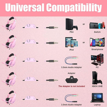 BENGOO G9000 Professional Gaming Headset for PS4, PC, Xbox One Controller, Noise Cancelling Over Ear Headphones with Mic, LED Light, Bass Surround, Soft Memory Earmuffs for Laptop - Pink