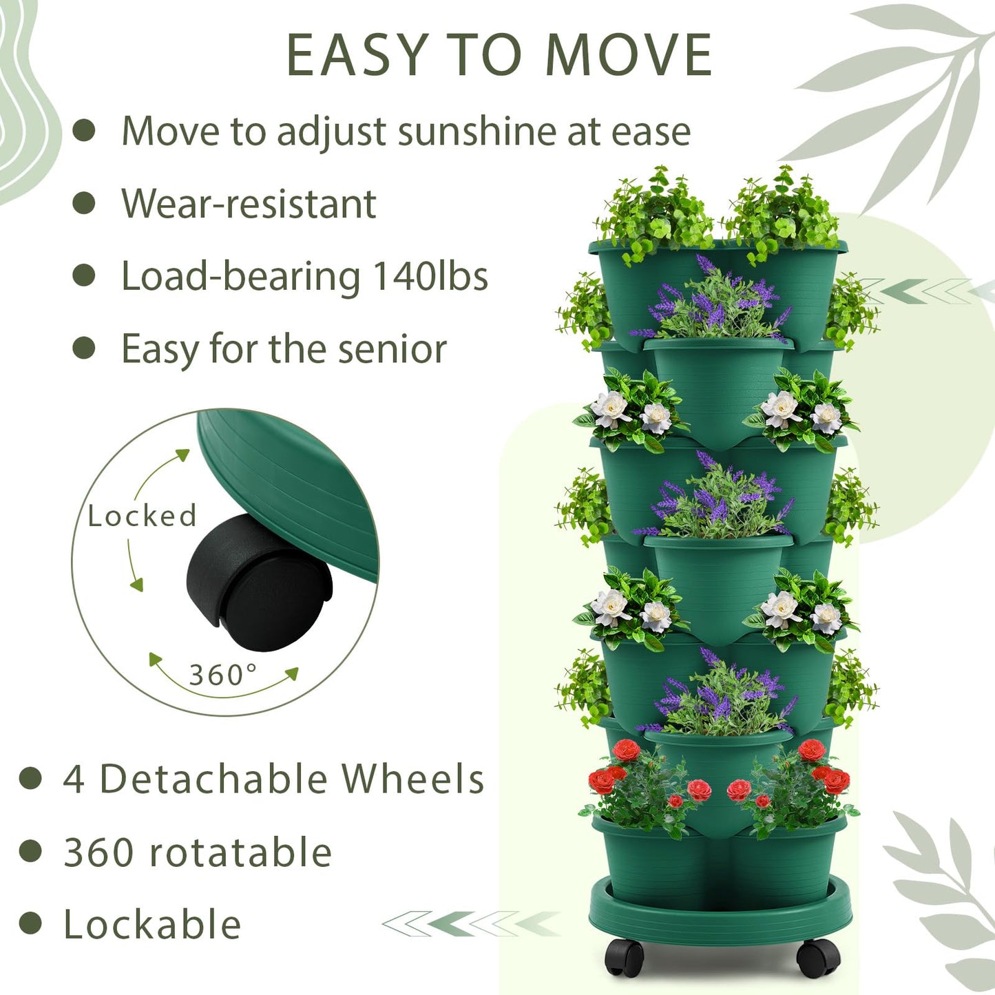 Umigy 2 Set Dark Green 7 Tier Stackable Vertical Planters with Removable Wheels and Tools Tower Planters Strawberry Herb Flower Vegetable Pots Indoor Outdoor Gardening Pots