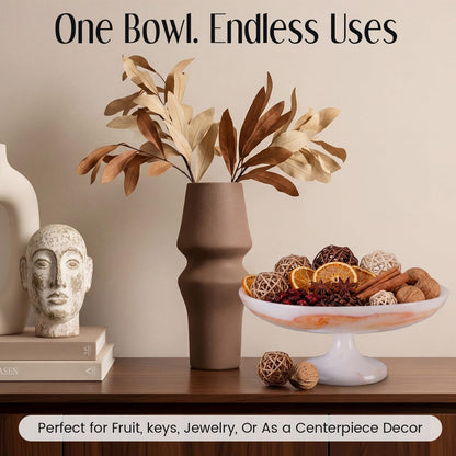Singhoow 10 Inch Marble Fruit Bowl for Kitchen Counter Resin Large Decorative Bowls with Pedestal for Home Entryway Kitchen Storage Dining Table Centerpiece House Warming Gifts
