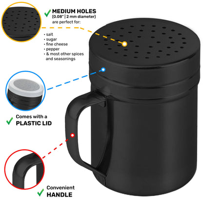 CUSINIUM 10oz Black Stainless Steel Salt Pepper Dredge Shakers - With Plastic Cap - With Handle - Pack of 2