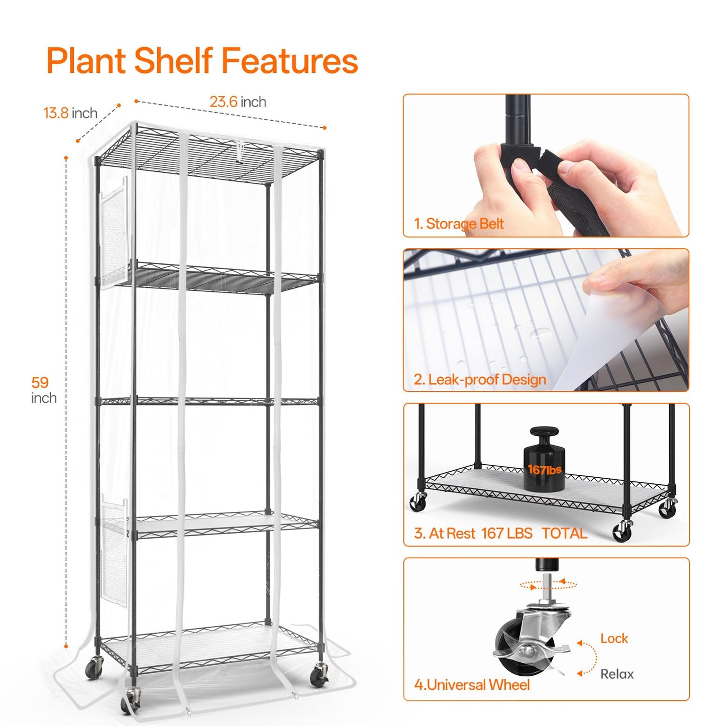 Bstrip Indoor Greenhouse with Grow Light, 5 Tier 23.5"x13.8"x59" Mini Greenhouse with 4 Pack 24W Full Spectrum Plant Lights & Timer, Plant Shelf with Cover for Indoor Plant, Seed Starting, Seed Tray