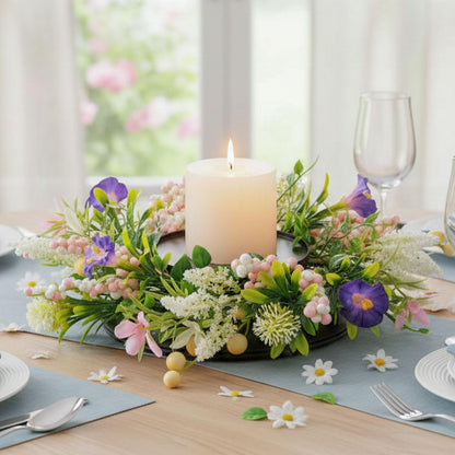 MOYEE Spring Candle Holder Centerpieces for Tables,Candle Ring, Black Metal Candlestick with an Artificial Wreath 14 in Versatile Dining Table Centrepiece (Purple Trumpet Flower Wreath)