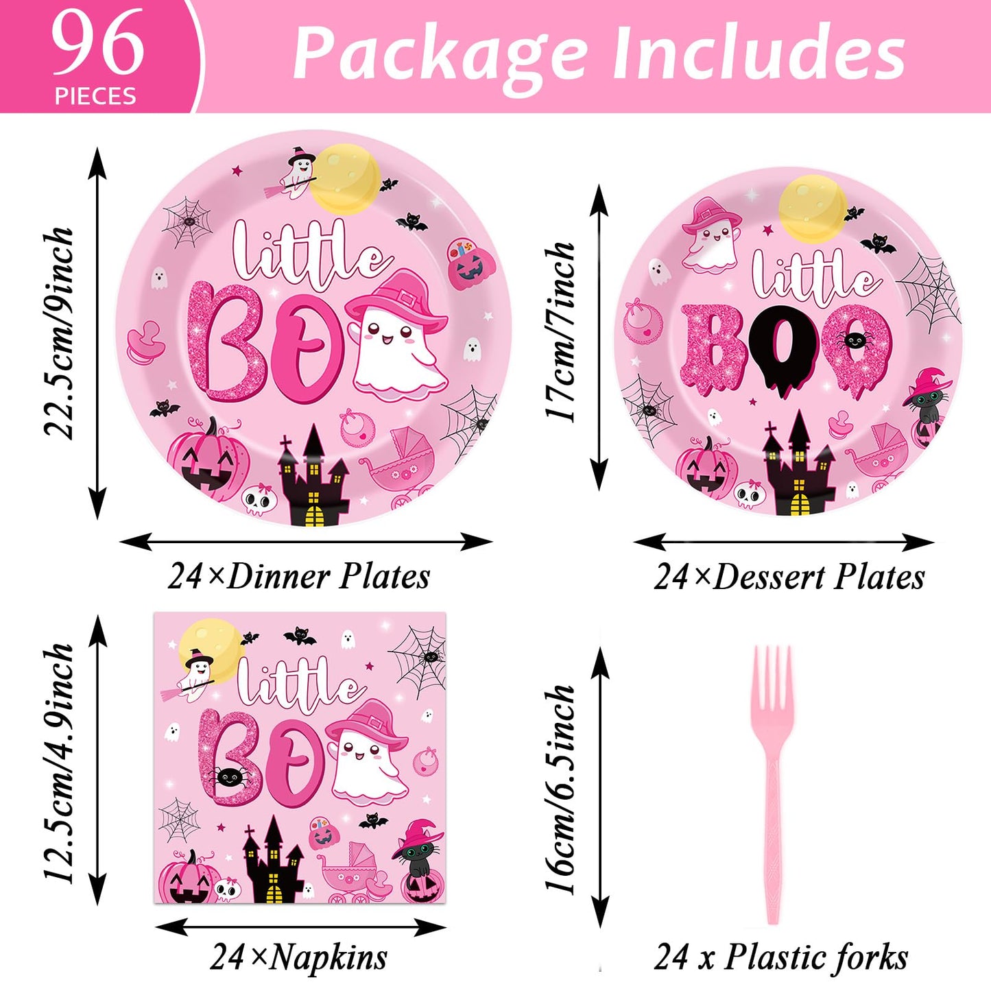 ZOIIWA 96PCS Halloween Little Boo Baby Shower Party Tableware Set for Girls Ghost Party Supplies for 24 Guests Disposable Pink and Black Boo Dinnerware Plates Napkins Forks for Halloween Party Favors