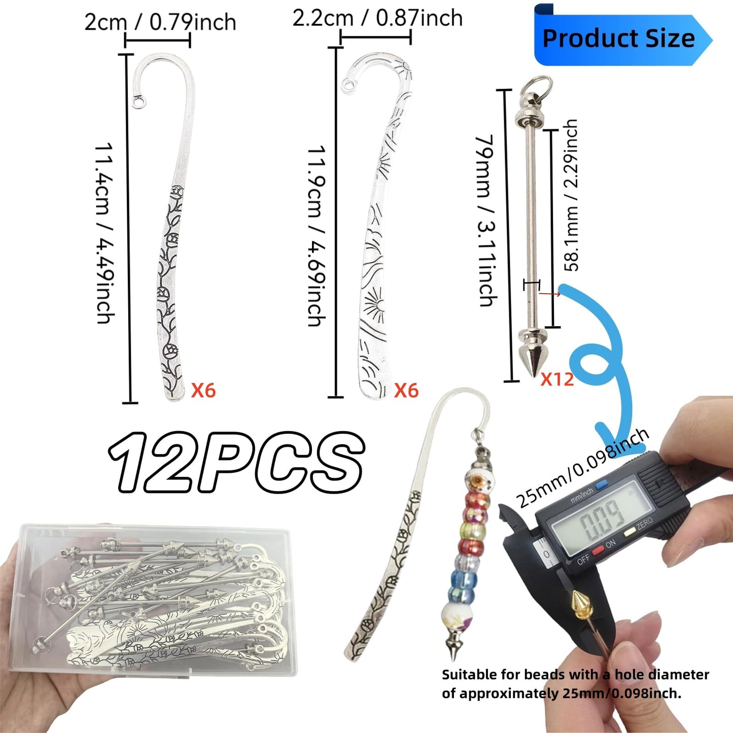12 Pcs Beadable Bookmarks DIY Metal Blank Bar Bookmark for Beads Metal Bookmark Hairpin Hook Carved Antique Vintage Bookmarks Gift for Book Lovers Student Teacher Office Supplies (Silver)
