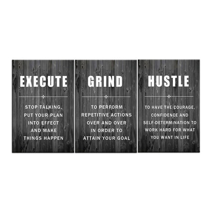 Inspirational Wall Art Execute Grind Hustle Motivational Poster 3 Pieces Canvas Prints Artwork for Living Room Modern Home Decor Painting Pictures Stretched and Framed Ready to Hang [72''Wx 36''H]
