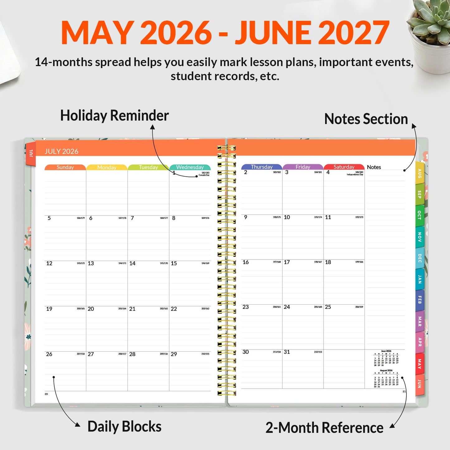 SUNEE Teacher Planner 2026-2027 Academic Year, Lite Lesson Planner Book with 7 Periods Jul 2026 - Jun 2027, 8.5"x11" Daily Weekly and Monthly Organizers, Plan Book with Pocket, Color Tabs, Wildflower