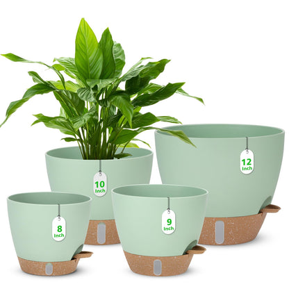 12" 10" 9" 8" Self Watering Pots with Water Level Indicator, Large Plastic Planters Set with Mesh Drainage Hole and Removable Saucer Reservoir, Big Flower Pot for Indoor Outdoor Plants (Green)