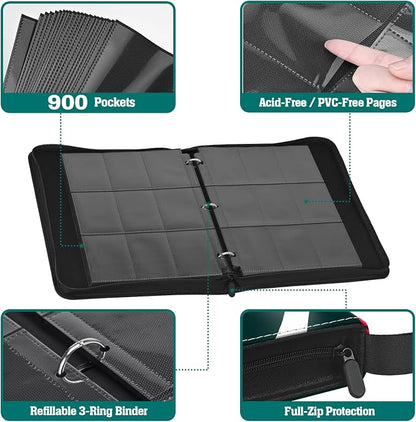 Trading Card Binder, 900 Pockets, 50 Sheets 9-Pocket, Refillable 3-Ring, Fits 2.5" x 3.5" Cards, Acid-Free PVC-Free Pages, Zip PU Cover with Strap, for TCG & Sports Cards – Campfire Design