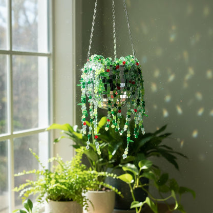 Potchen 1260 Pcs DIY Beaded and Planter Set, Glass Beaded Plant Making Kit with Hanging Rope Green Nature Series Colorful Crystal Leaf Jewelry Beads for Planer Crafts (Disco)