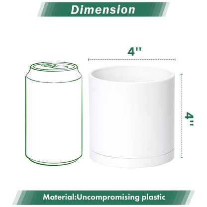 D'vine Dev 6 Pack 4 Inch Modern Plastic Plant Pots, Small Garden Planters for Plant with Drainage Holes and Saucers, White Color, 74-Z-E-3