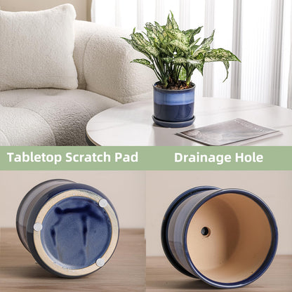 Chubacoo 5.8 Inch Plant Pot: Ceramic Planter with Drainage Hole & Saucer for Indoor Outdoor Plants - Flowerpot with Bonded Tray for Home Office - Blue Reactive Glaze