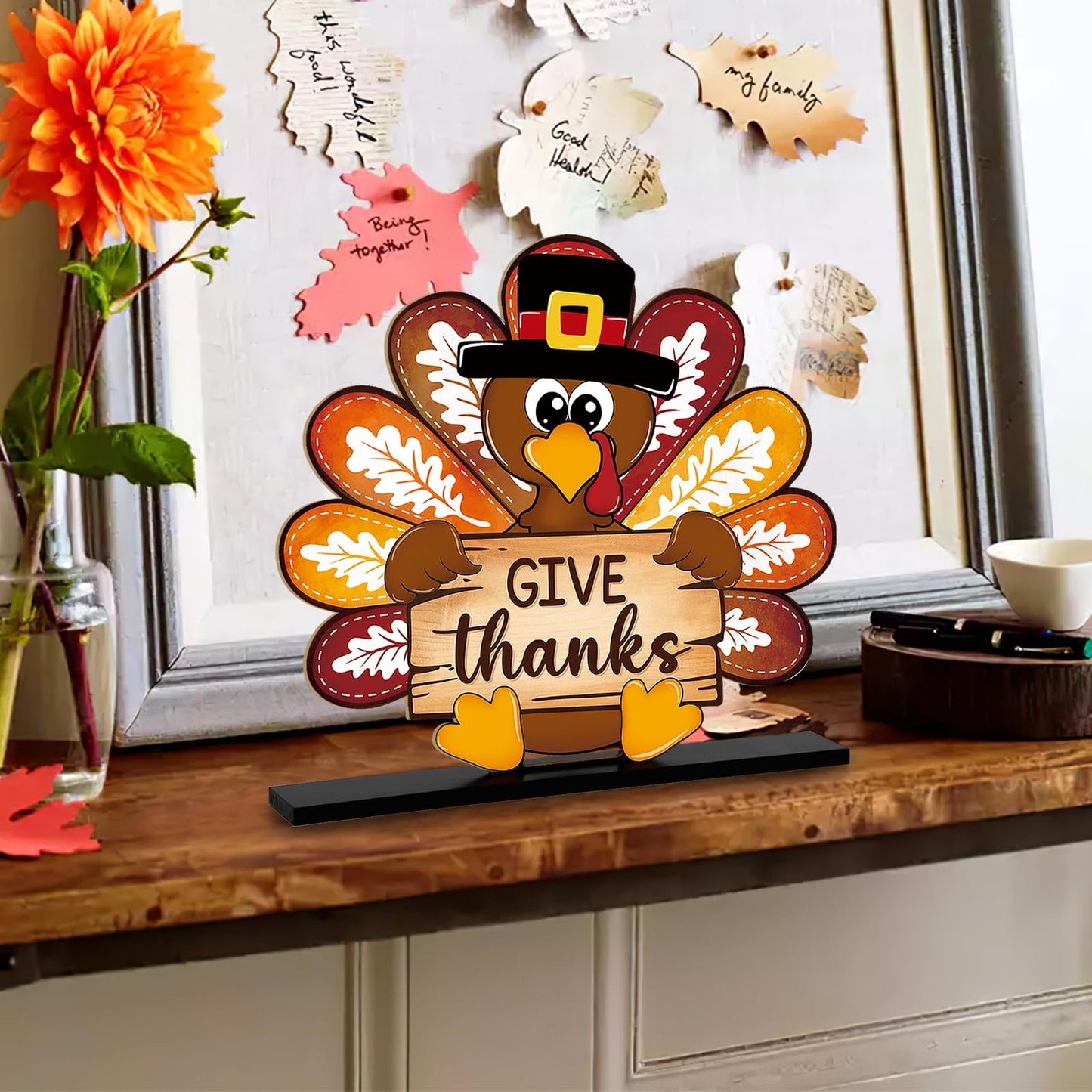Thanksgiving Decorations Wooden Turkey Table Sign Fall Pumpkin Autumn Table Centerpieces Standing Tabletop Happy Thanksgiving for Holiday Harvest Home Room shelf Farmhouse Decorations Thanks Gives