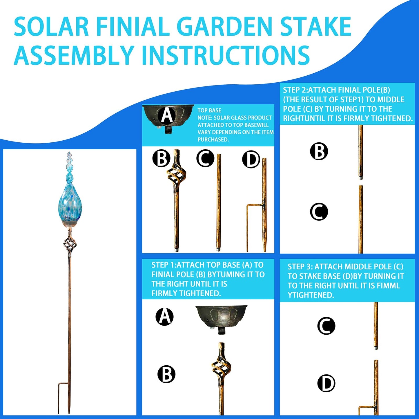 Naboher Solar Garden Lights Outdoor, Decorative LED Flame Garden Stakes, Hand Blown Glass and Outdoor Waterproof Glass Stakes (Light Blue)