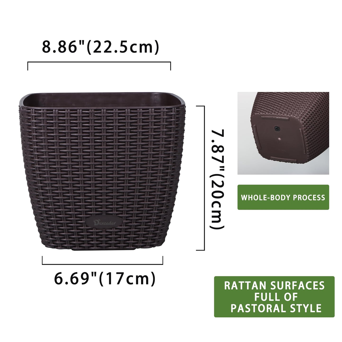 Dexceder 9x8 Self Watering Planter Indoor Outdoor, Inner Mat Design, Thickened Table Flower Plant Pot with Water Level Indicator (Brown Rattan)