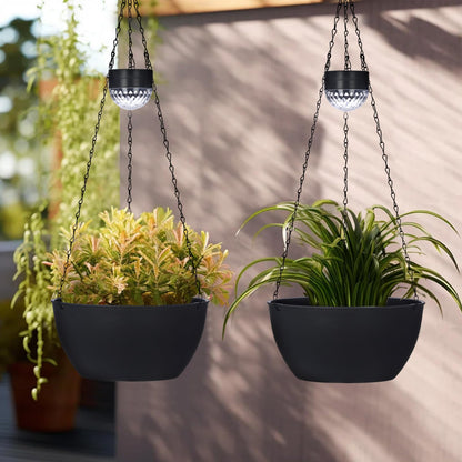 BAYN 2 Packs Solar Hanging Basket Planters for Plants Outdoor, Self Watering Black Flower Plants Pots with Solar Light Drainer for Balcony Patio Garden Outdoor Decoration