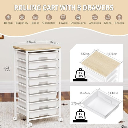 Rolling Cart with 8 Drawers, Storage Drawers Cart with Wooden Tabletop and Lockable Wheels, Craft Storage for Living Room, Office, Classroom, Craft Room, Bedroom