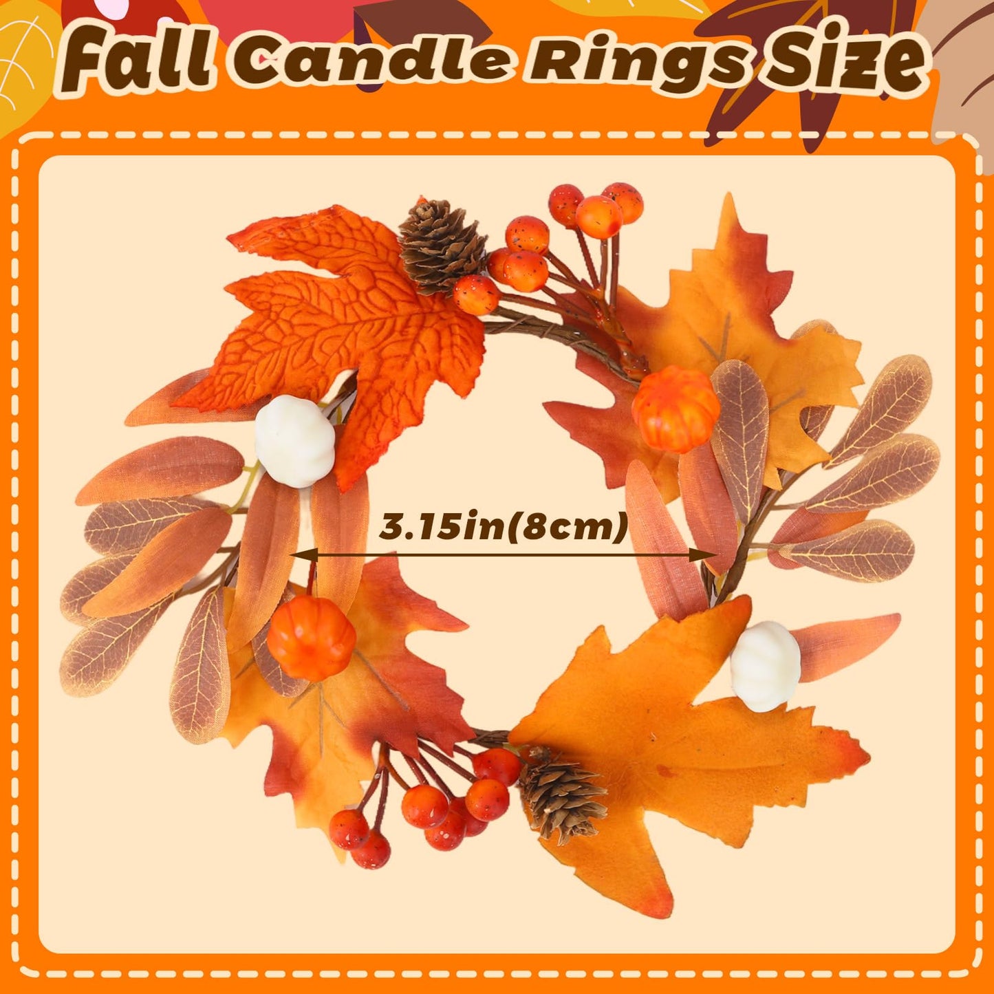 Jansun 4 Pcs Fall Candle Rings, Artificial Maple Leaves Pumpkins Decorative Wreaths for Fall Home Decor Thanksgiving Halloween Centerpieces and Farmhouse Table Settings