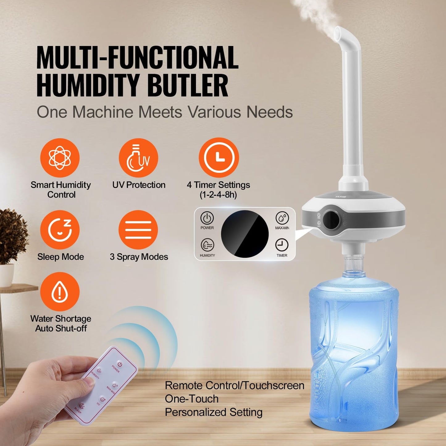 VEVOR Humidifier for Home Large Room, Commercial Humidifier for Whole House 1291.7 sq ft, 16L Water Tank & Night Light & 12h Timer & Auto Shut-Off, Greenhouse, Commercial Branch Tube w/ 360° Nozzle