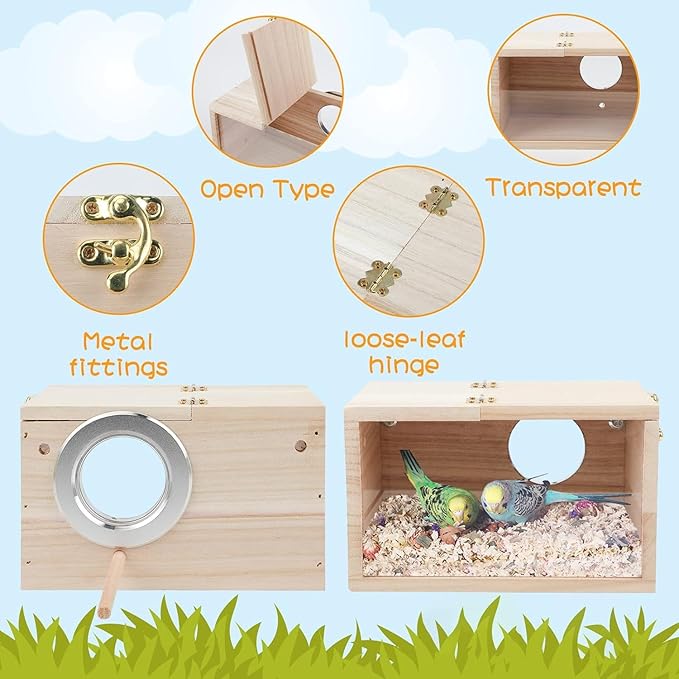 Natural Wood Nesting Box for Parakeet Birds Transparent Design Breeding Box with Perch Wood Bird Cage House for Cockatiel Lovebirds Budgie Finch Parrotlets Canary (Small)