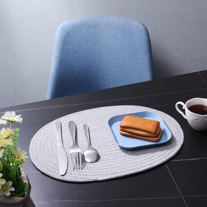 WENFOME 4 Pack Oval Woven Placemats, Gray Cotton Rope Braided Placemats with 4 Pack Round Fabric Coasters, Heat-Resistant Non-Slip Cotton Table Mats Charger Plates for Table Decoration (Gray)