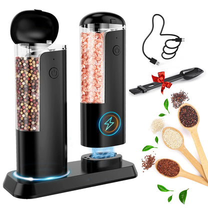 Electric Salt and Pepper Grinder Set: Rechargeable Salt and Pepper Shakers Set Electric For Gravity Spice Grinders Adjustable Automatic Peppercorns Mills Refillable Shaker Mill Large Capacity