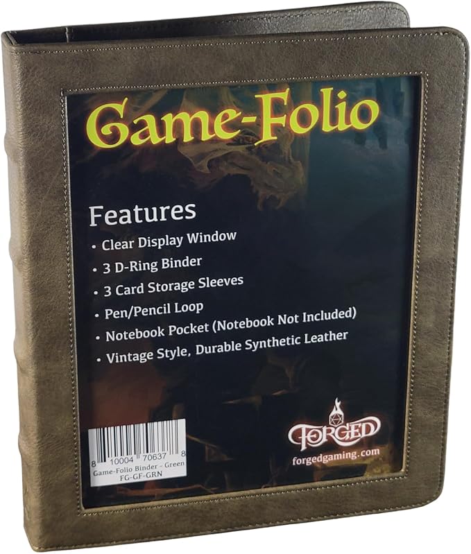 Forged Dice Co. Game-Folio PU Leather Portfolio Binder - Gaming Binder for DND Character Sheets with DND Spell Cards Organizer and Clear Front Pocket - Compatible with Dungeons and Dragons RPG - Green