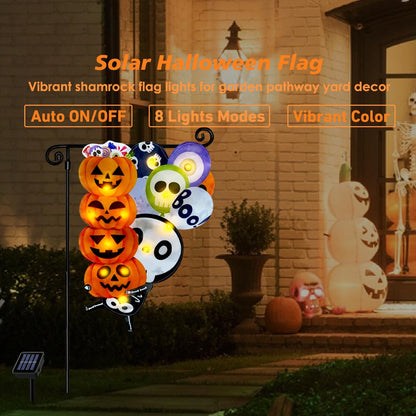 3D Lighted Halloween Garden Flag, Solar Powered LED Outdoor Skeleton & Pumpkin Holiday Yard Flag, Double Side Spooky Ghost Skull Shaped Flag for Patio Lawn, Home Porch 12×18 Inch