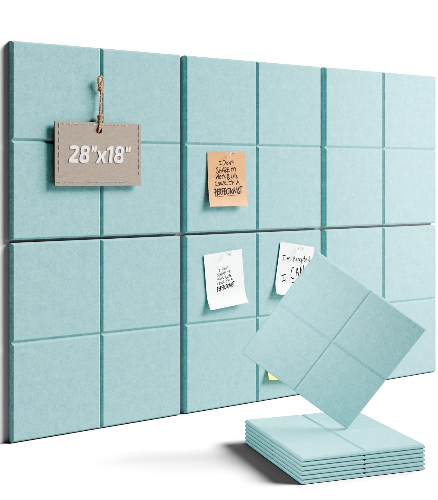 Felt Bulletin Board Tiles -28"x18" Cork Board Alternative for Office Decor, Push Pin Board Wall Organizer 6-Pack - Seafoam Blue