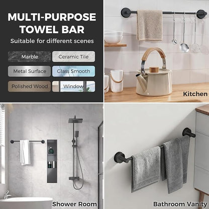 Adjustable Suction Cup Towel Bar for Bathroom Wall,17 Inch~29 Inch Towel Racks for Bathroom,Stainless Steel Bath Towel Holder for Shower(Matte Black)