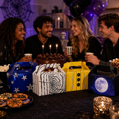 12 Pcs Spooky Themed Party Favor Boxes Cartoon Movie Theme Treat Paper Boxes Spider Star Moon Button Paper Box Halloween Supplies Spider Birthday Themed Favor Box for Celebration Party Supplies