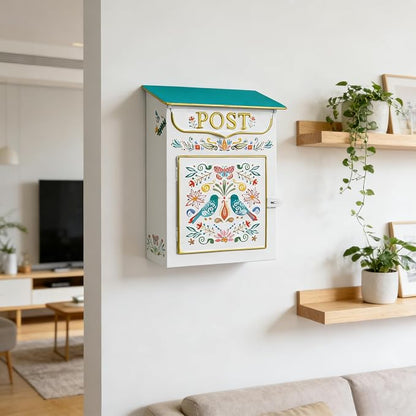 Mailbox Wall Mount Mailboxes for Outside Vintage Mail Boxes for House Outside Metal Drop Box Antique Style Nostalgic Charm Home Decorative, Flower Pattern