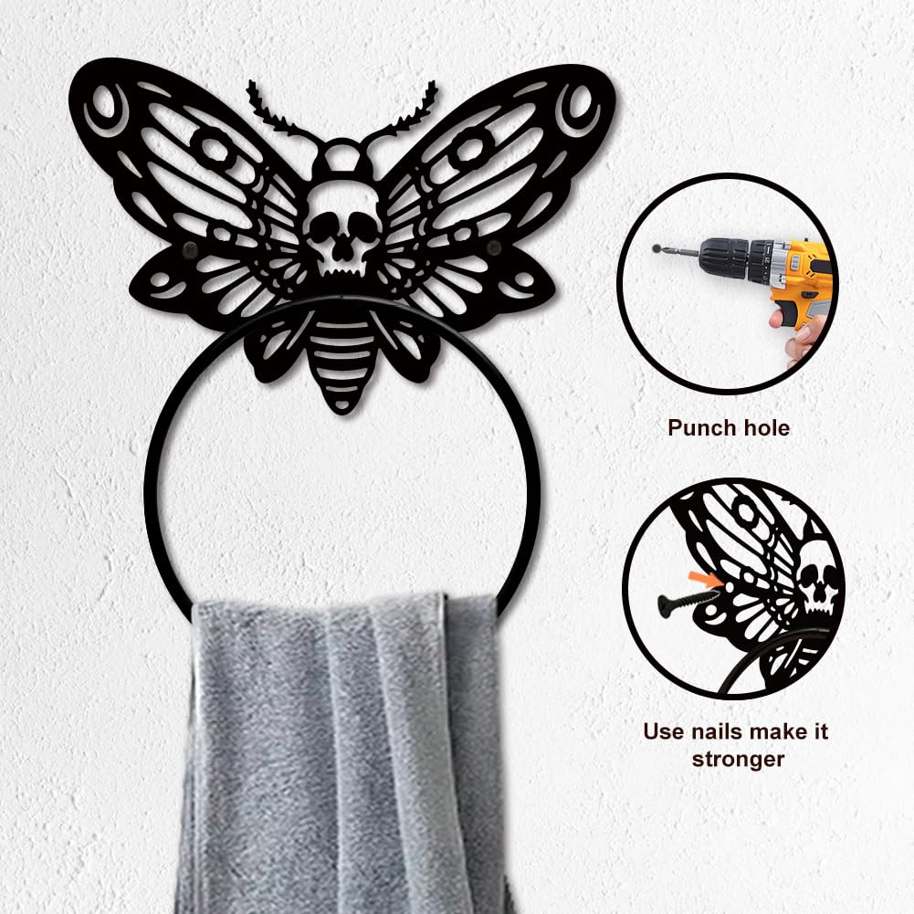 MAYJOYDIY Death Head Moth Metal Towel Ring Halloween Skeleton Insects Towel Holder Bath Towel Ring Black Art Towel Rack for Bathroom Kitchen Towel Hanger Home Decors Gift