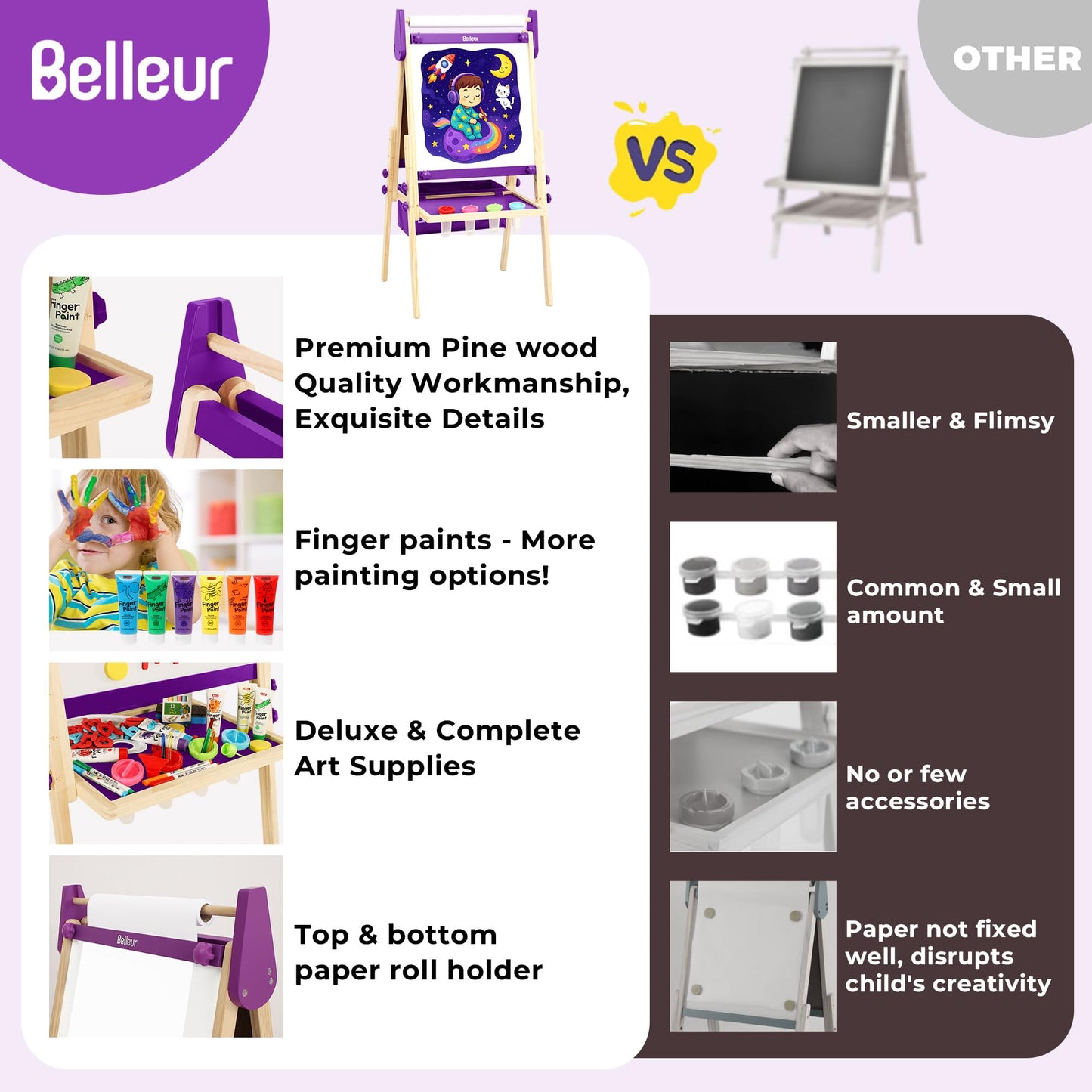 Belleur All-in-One Art Easel for Kids, Adjustable Double Sided Easel for Toddlers with Magnetic Whiteboard & Dry-Erase Chalk Board & Paper Roll, Child Painting Easel for Kid 2-8 Birthday Gift-Purple