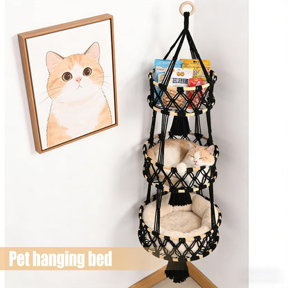 Halidali 3 Tier Hanging Fruit Baskets for Kitchen, Macrame Plant Hanger Cotton Rope Handwoven Hammock Produce Storage Organizer Basket for Plants Holder, Vegetable, Onion, Potato (Black)