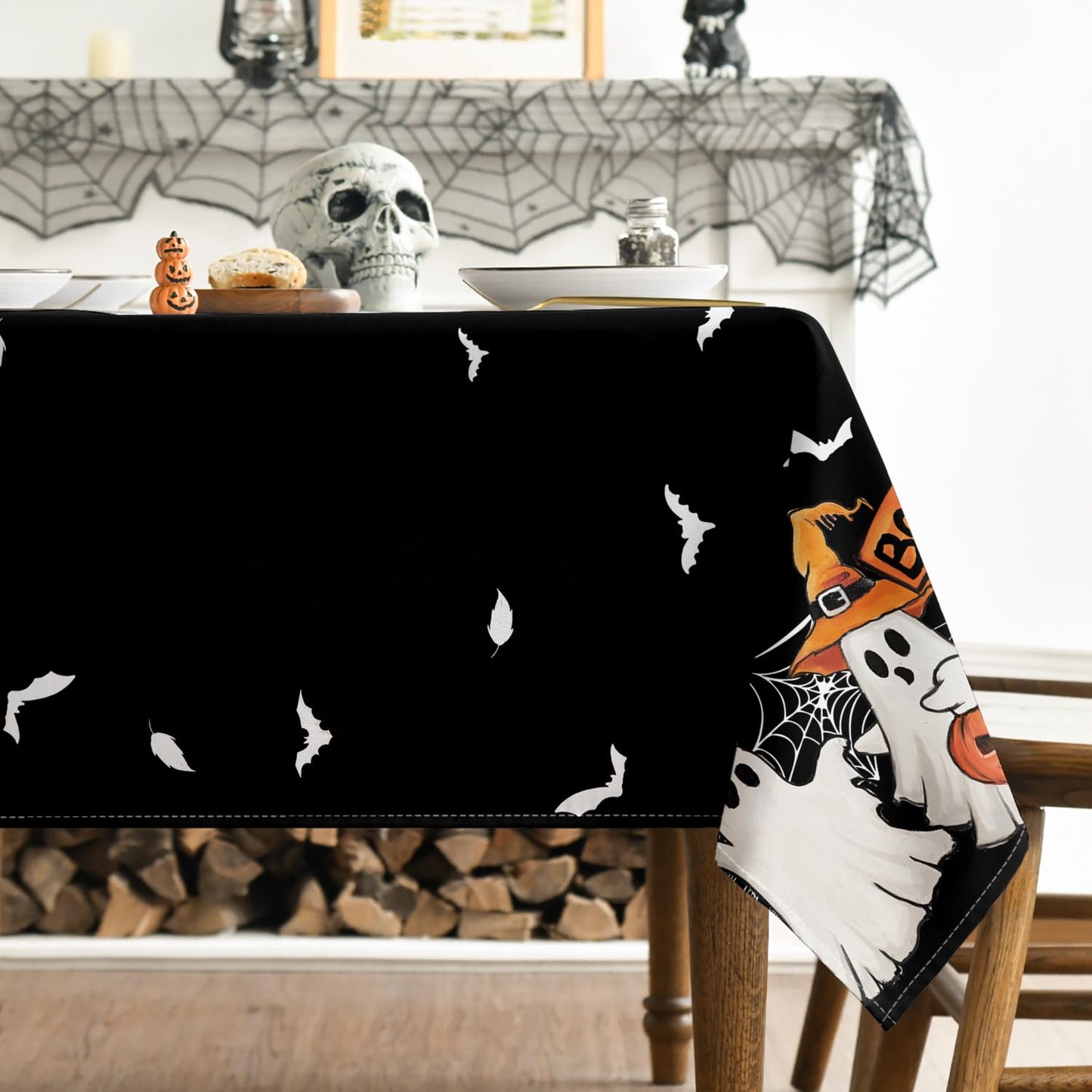 Horaldaily Halloween Tablecloth 60×84 Inch Rectangular, Black Bat Ghost Pumpkin Spider Cobweb Washable Seasonal Table Cover for Party Picnic Dinner Decor