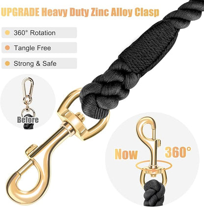 Dog Leash 5 FT Handmade Braided Cotton Rope Leashes for Small Medium and Large Dogs, New Golden Heavy Duty Metal Clasp, Black