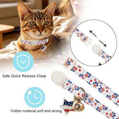 2 Pack Independence Kitten Collar Breakaway with Bell, Adjustable Safety Striped Star Flag Cat Cotton Collar for Girl Boy Cat and Small Pet，Adjustable Kitten Collar 7-12 Inch