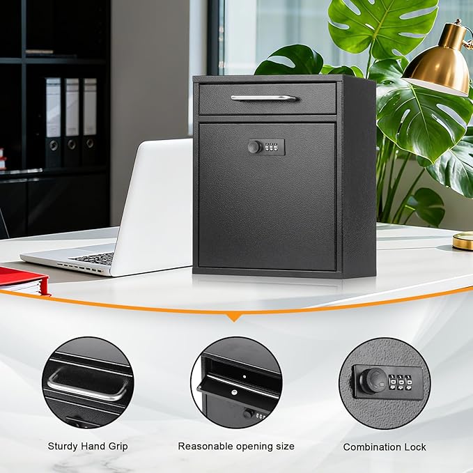 xydled Wall-Mount Mailboxes with Combination Lock, Steel Combination Lock Mail Boxes Outdoor, Locking Wall Mount Mailbox, Security Key Drop Box, 13.4H x 11.6L x 5.8W Inches, Black, Large