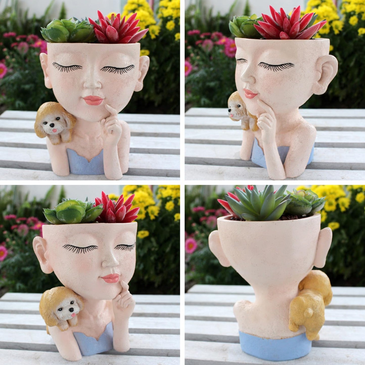 Face Planters Pots Cute Closed Eyes Girl and Dog Succulent Planter Unique Head Planter for Outdoor Indoor Planter Female Bust Vase - with Drainage Hole