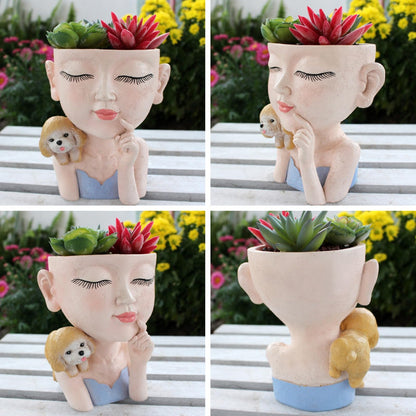 Face Planters Pots Cute Closed Eyes Girl and Dog Succulent Planter Unique Head Planter for Outdoor Indoor Planter Female Bust Vase - with Drainage Hole