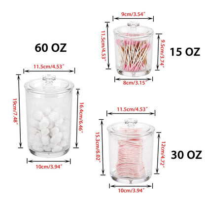 Hipiwe Clear Plastic Apothecary Jars with Lid, Large Size Bathroom Storage Canister Jar Cotton Ball and Swab Organizer Q-Tips Holder, 60-Ounce, 30-Ounce and 15-Ounce, Set of 3