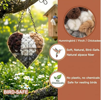 Handmade Alpaca Fiber Bird Nesting Heart, Refillable Nesting Material Accessory for Wild Birds, Outdoor Garden Decoration, Gift for Bird & Nature Lovers, Hummingbird Nesting Material (1 set)