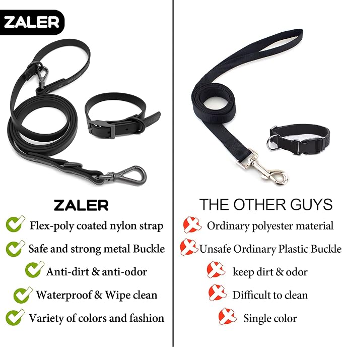 ZALER Dog Collar and Leash Set, Waterproof Adjustable Odor Proof Pet Collars Leashes Easy to Clean, 6FT Dog Leash with 2 Hooks for Large, Medium Small Dogs (S, Black)