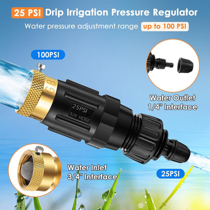 Gulfmew Drip Irrigation Faucet Adapter 25 PSI, 1/4" Tubing Quick Connect to 3/4" Garden Hose with Backflow Preventer, Filter, Tape, Pressure Regulator, Copper Drip Irrigation System Fittings (8 Pack)