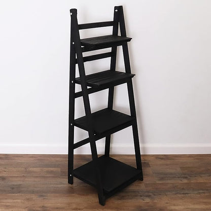 Distressed Ladder Shelf - Rustic Leaning Bookshelf for Home Decor (Black)