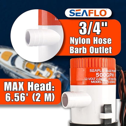 SEAFLO 01 Series 500 GPH Bilge Pump – 12V, 3/4" Outlet, Marine Submersible Pump with Anti-Airlock Protection, CE & Rohs Certified, 4-Year Warranty | Reliable for Boats and Marine Applications