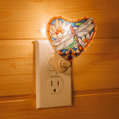 Dragonfly with White Lotus Night Light – Stained Glass Styled Plug-in Wall Light for Vertical Outlets – Real Glass, Warm Glow for Bedroom, Bathroom, Hallway –Gift for Nature Lover