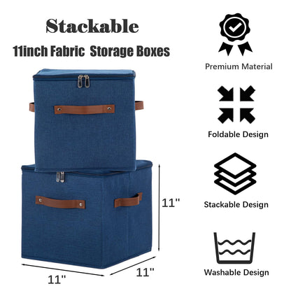 HYVAKUPPA 11inch Storage Boxes Cubes with Zipper Lid Collapsible Fabric Lidded Storage Bins Baskets PU Leather Handle Cotton Linen Decorative Shelf Closet Organizer Container (Blue, 1PCS)