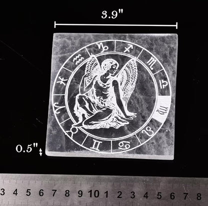 AMOYSTONE Selenite Crystal Charging Plate for Healing Crystal Stone Selenite Pieces Square Slab Etched Virgo 4" with Stand
